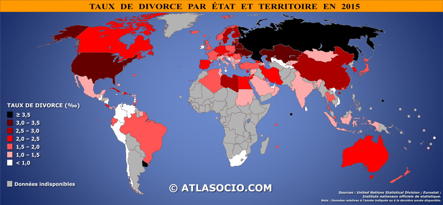 Carte du monde relative au taux de divorce par État en 2015