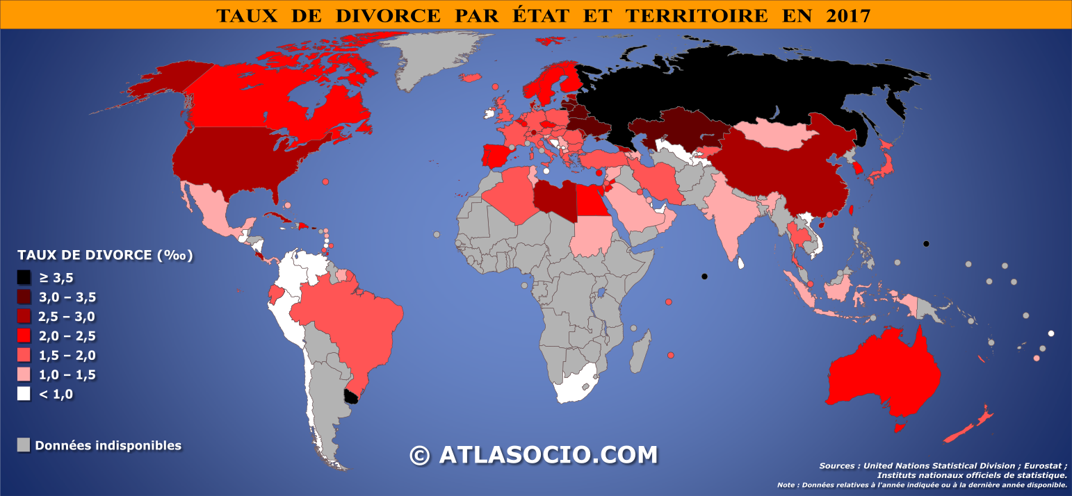 Carte du monde relative au taux de divorce par État en 2017