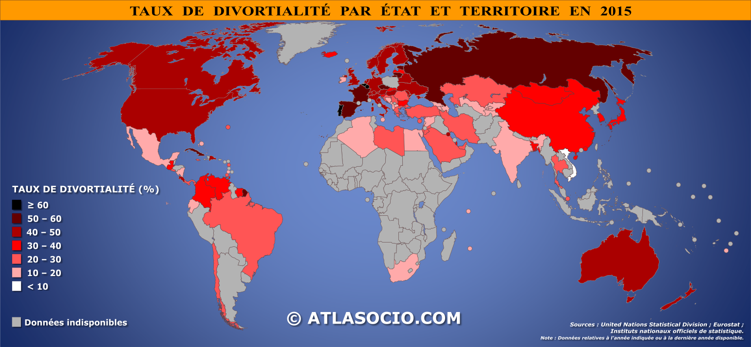 Carte du monde relative au taux de divortialité par État en 2015