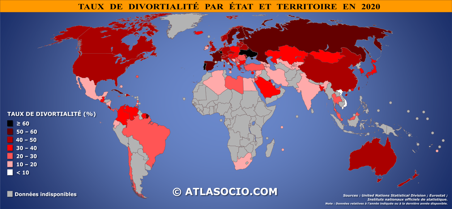Carte du monde relative au taux de divortialité par État en 2020