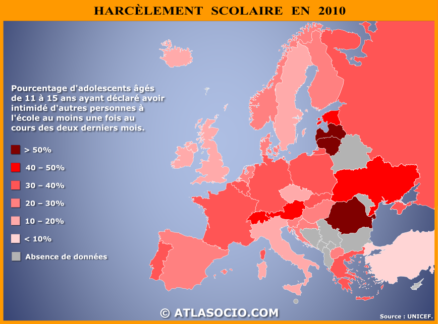 Carte d'Europe relative au harcèlement scolaire par État en 2010