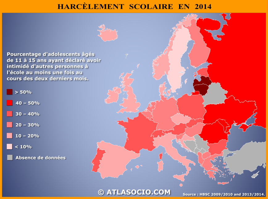 Carte d'Europe du pourcentage d'adolescents ayant déclaré avoir intimidé d'autres élèves à l'école.