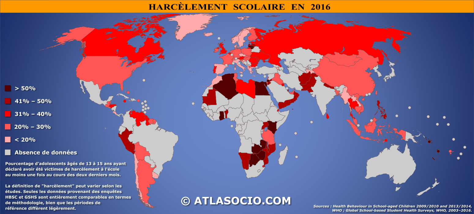 Carte du monde relative au harcèlement scolaire par État en 2016