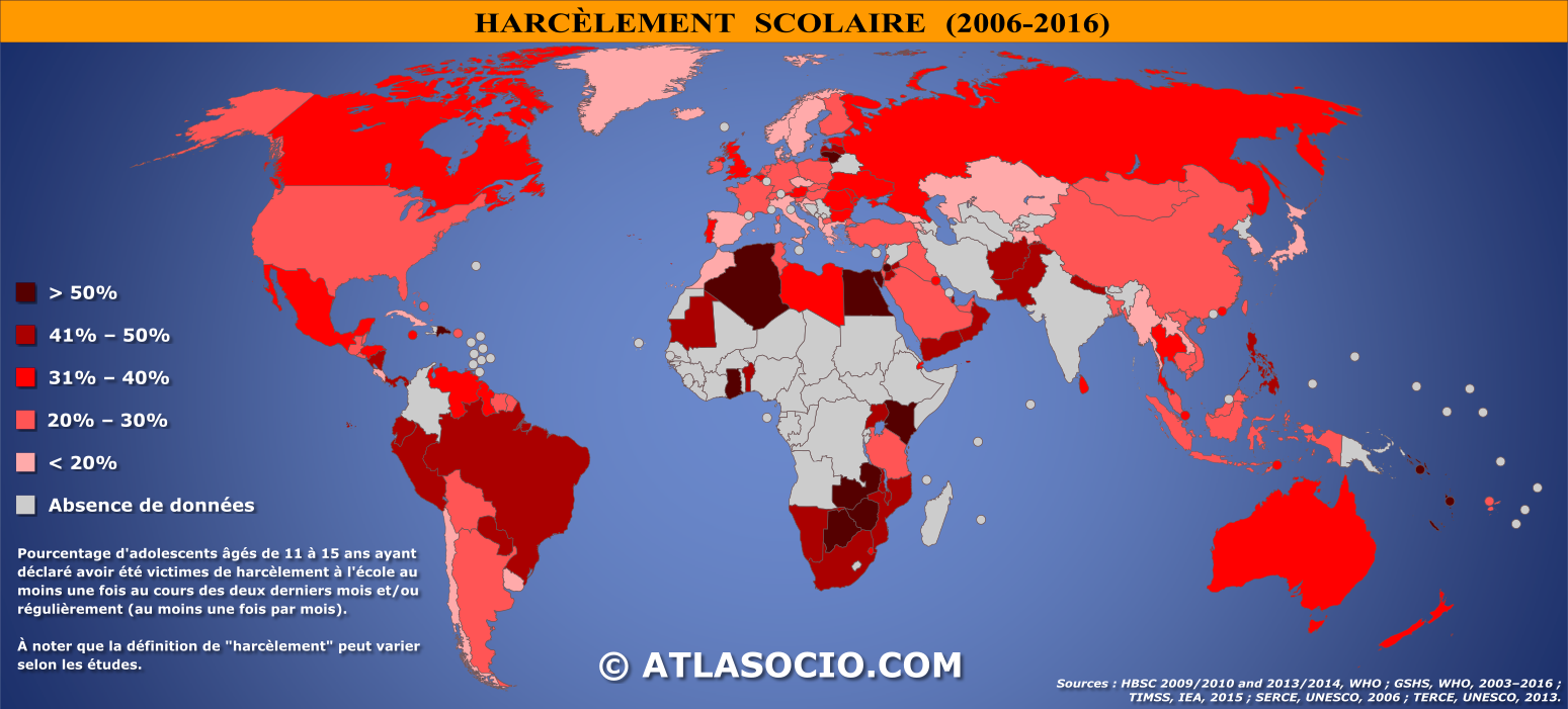 Carte du monde relative au harcèlement scolaire par État (période 2006-2016)