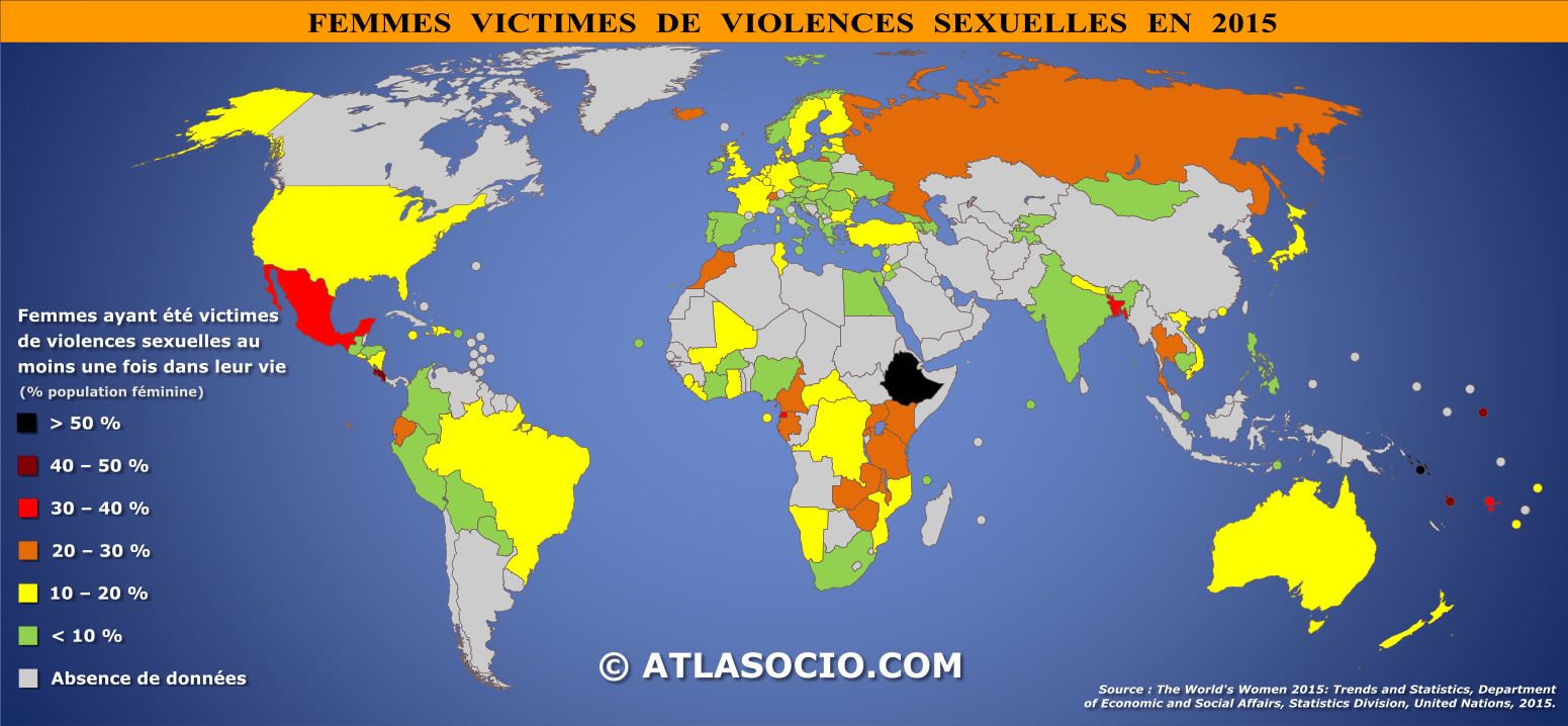 Carte du monde relative au pourcentage de femmes victimes de violences sexuelles par État en 2015