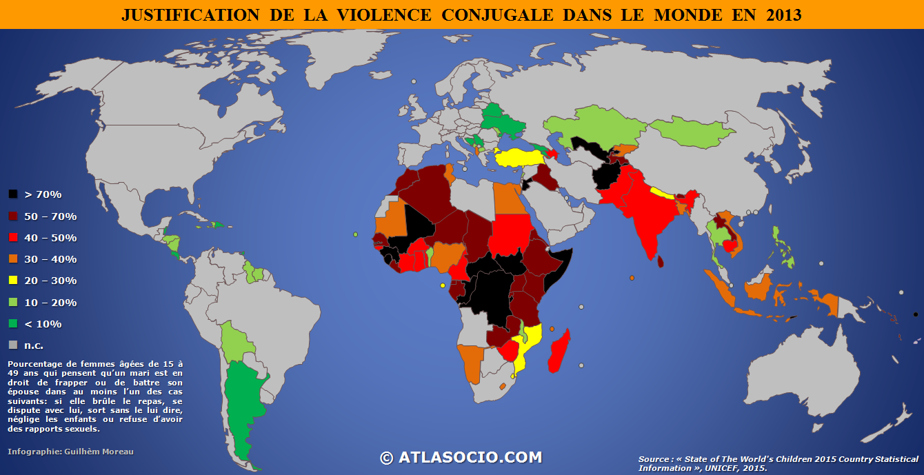 Carte du monde relative à la justification des violences conjugales (% population féminine) en 2013