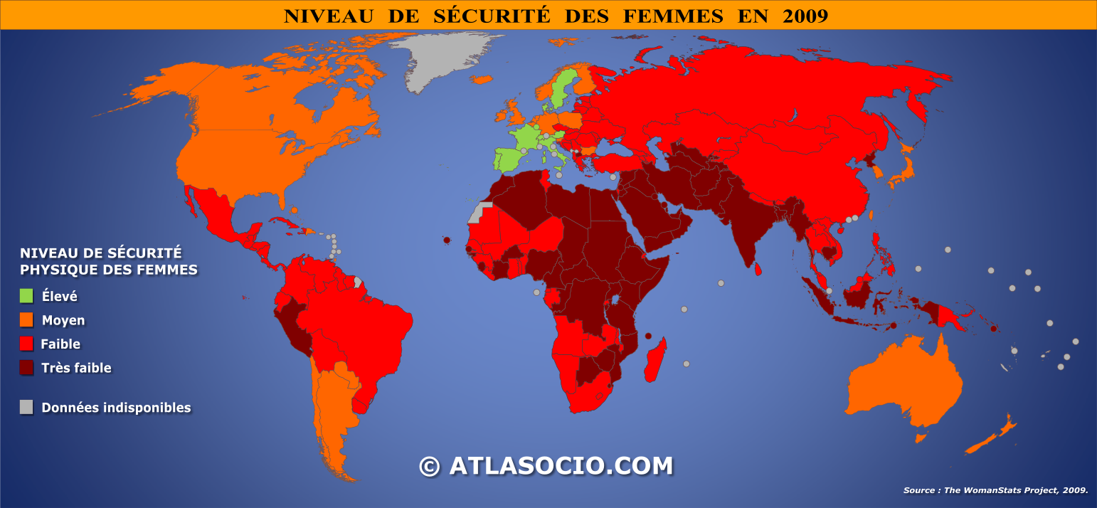 Carte du monde relative au niveau de sécurité des femmes en 2009