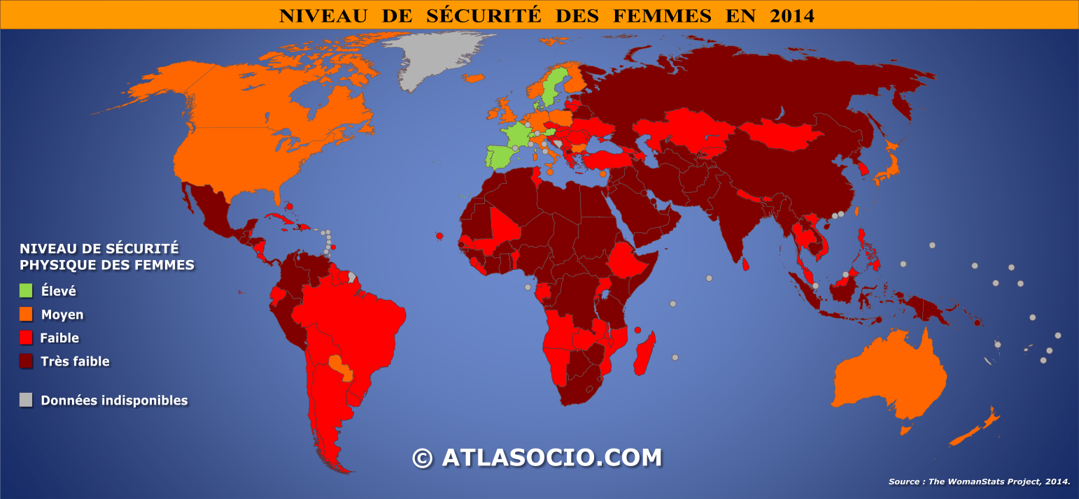 Niveau de sécurité des femmes dans le monde en 2014, selon WomanStats Project.