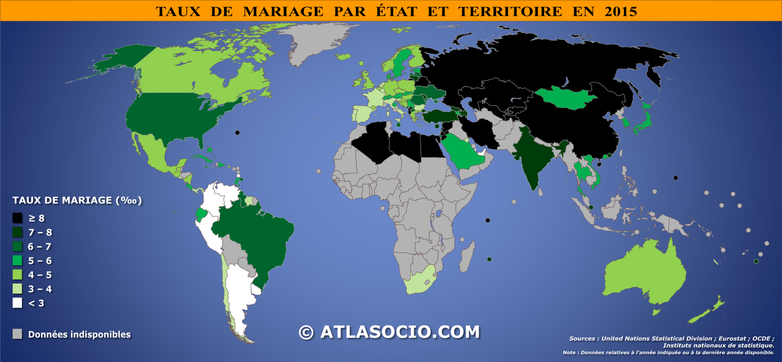 Carte du monde relative au taux de mariage par État en 2015