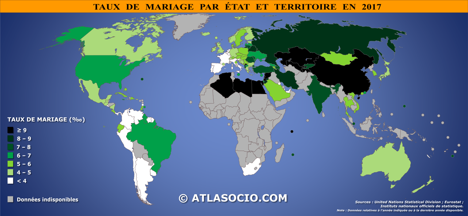 Carte du monde relative au taux de mariage par État en 2017