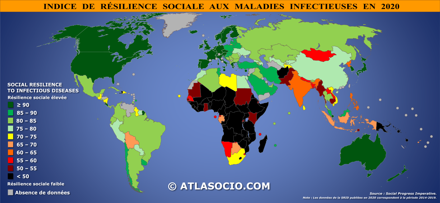 Carte du monde relative à la résilience sociale aux maladies infectieuses par État en 2020