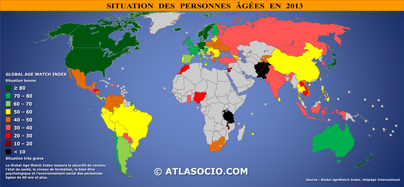 Carte du monde relative à la situation des personnes âgées par État en 2013