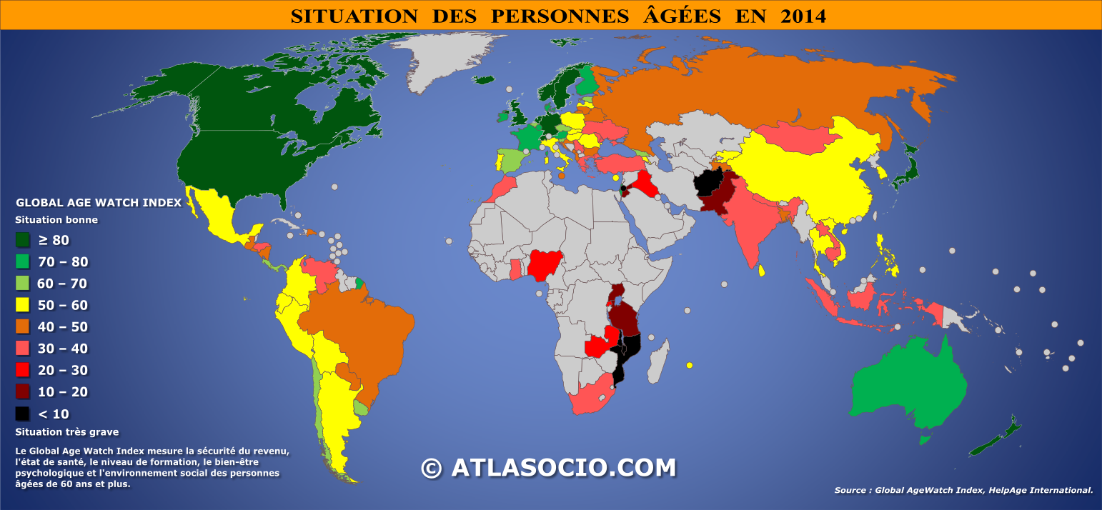 Carte du monde relative à la situation des personnes âgées par État en 2014