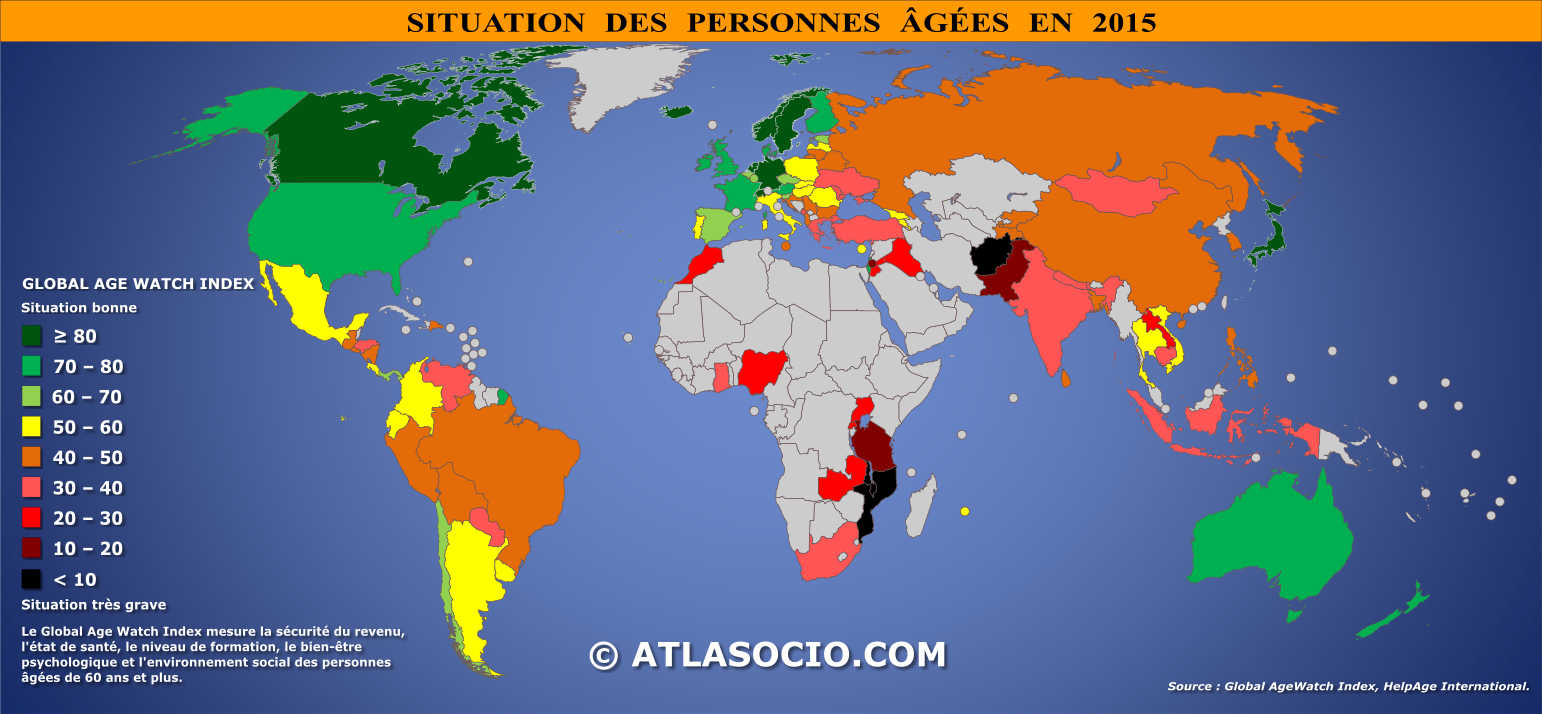 Carte du monde relative à la situation des personnes âgées par État en 2015