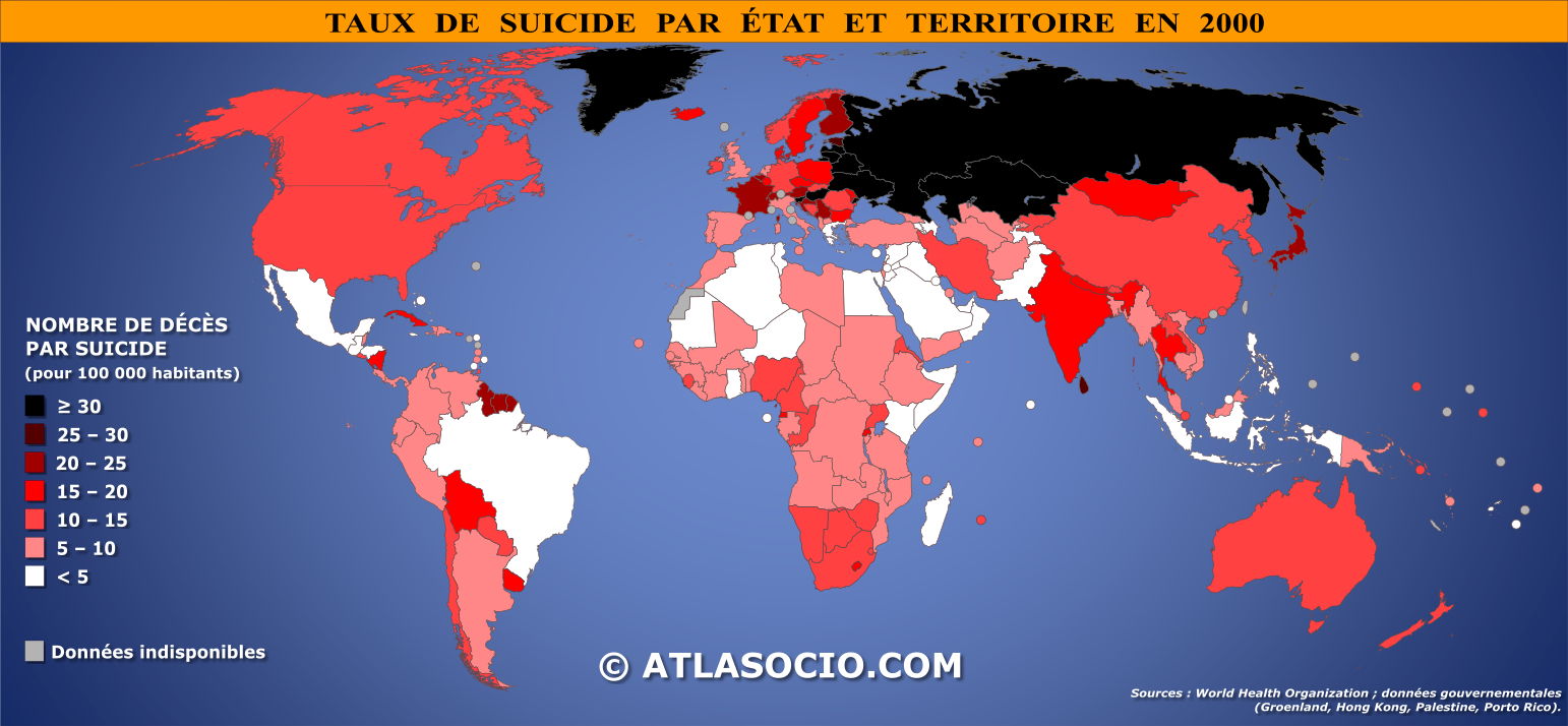 Carte du monde relative au taux de suicide par État en 2000