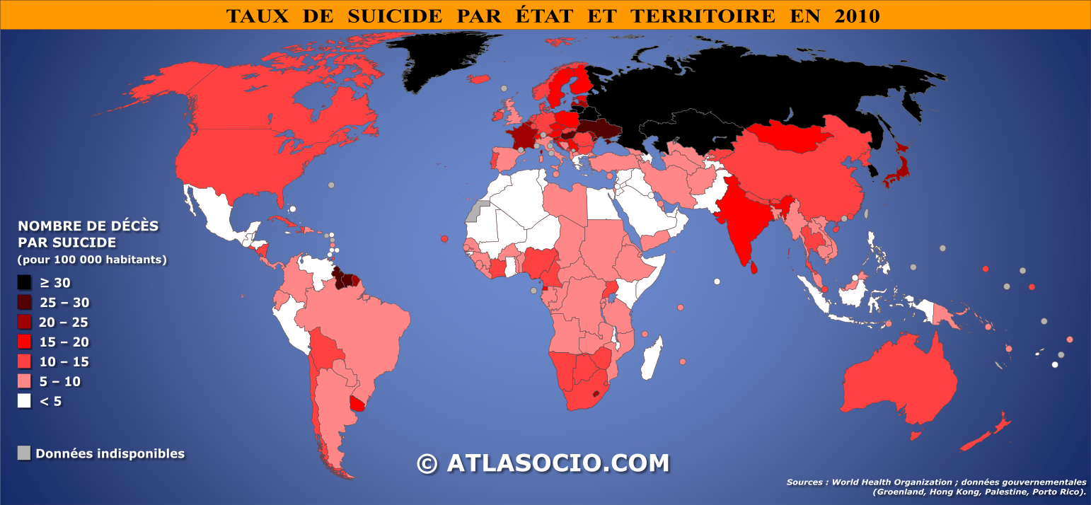 Carte du monde relative au taux de suicide par État en 2010