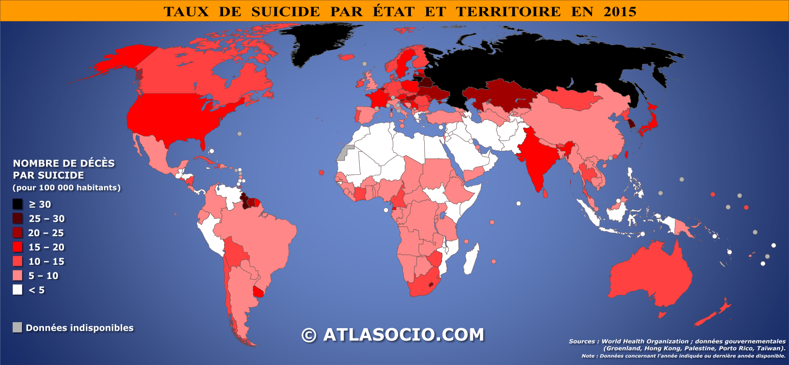 Carte du monde relative au taux de suicide par État en 2015