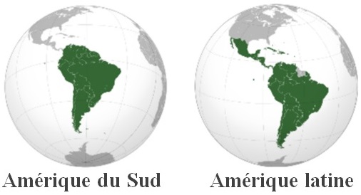 Carte indiquant la différence des aires géographiques entre Amérique du Sud et Amérique latine.