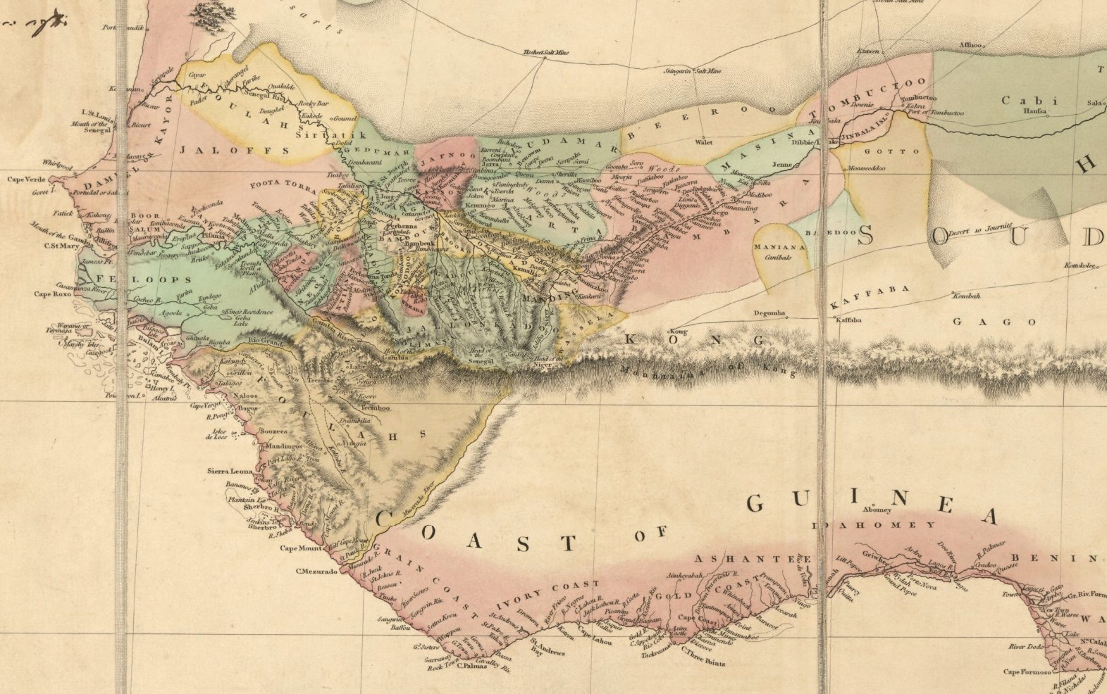 L'Afrique de l'Ouest représentée sur la carte « A New Map of Africa » (1802) d'Aaron Arrowsmith où les monts de Kong apparaissent.