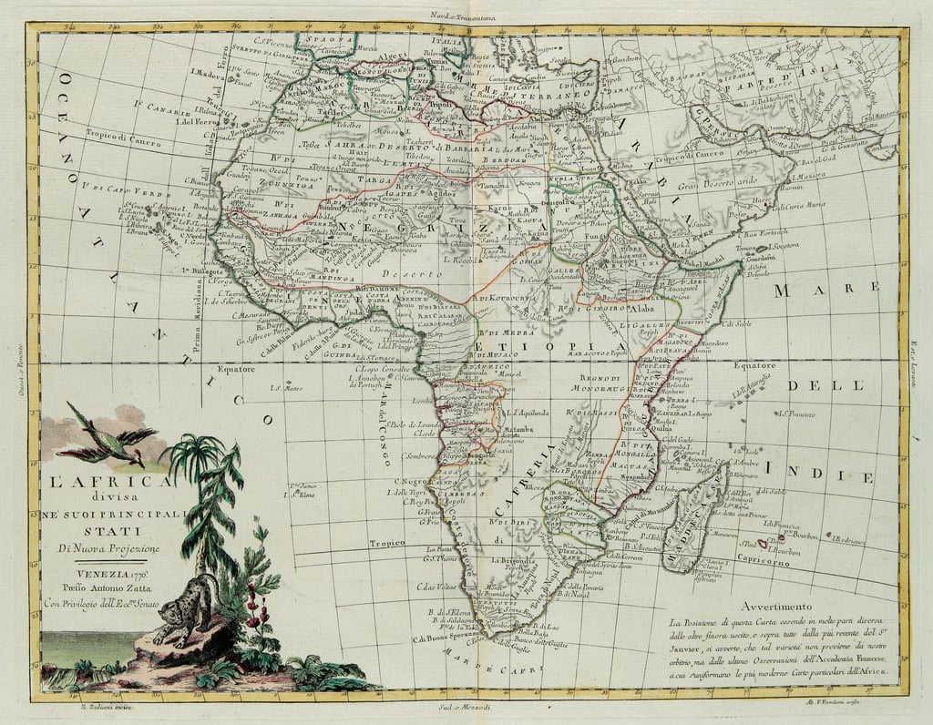 « L’Afrique divisée en ses États principaux », gravure de G. Zuliani extraite du tome I du Plus Récent Atlas publié à Venise en 1776 par Antonio Zatta. .