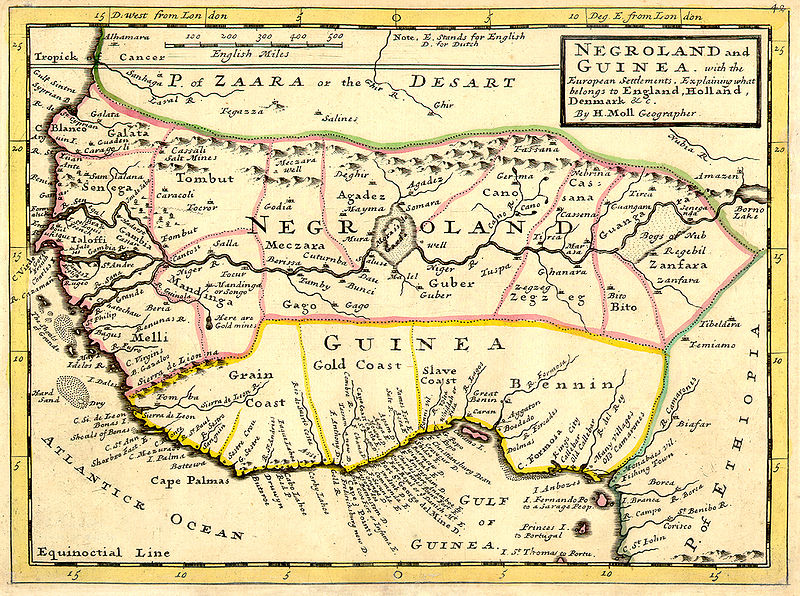 Ancienne région de la Nigritie présente sur la carte « Negroland and Guinea » réalisée en 1729 par le cartographe anglais Herman Moll. Les monts de Kong apparaissent ici au nord du fleuve Niger. L’erreur d’un écoulement du Niger direction est-ouest est reproduite. En outre, le fleuve Niger se jette certes dans l’océan Atlantique mais au Nigeria et non au Sénégal.