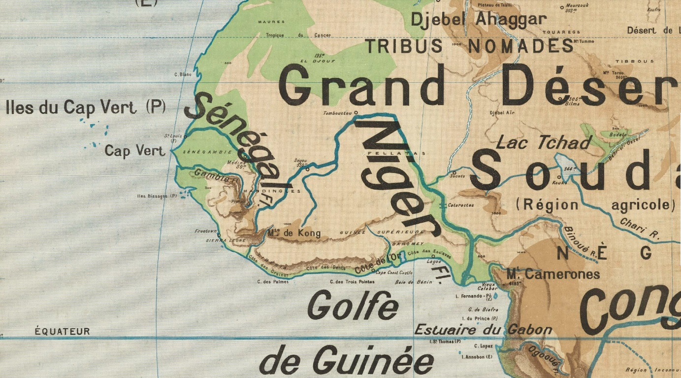 eprésentation des monts de Kong sur la carte physique de l’Afrique [vue partielle] du géographe français Paul Vidal de La Blache (1885).