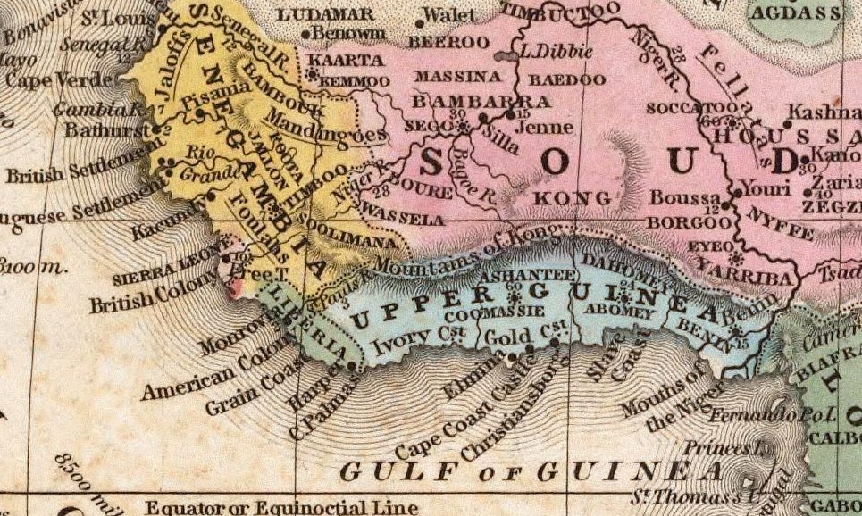 Détails du golfe de Guinée montrant les régions ouest-africaines (Samuel Augustus Mitchell, Mitchell's School and Family Geography, No. 14, Philadelphia, Thomas, Cowperthwait & Co, 1839).