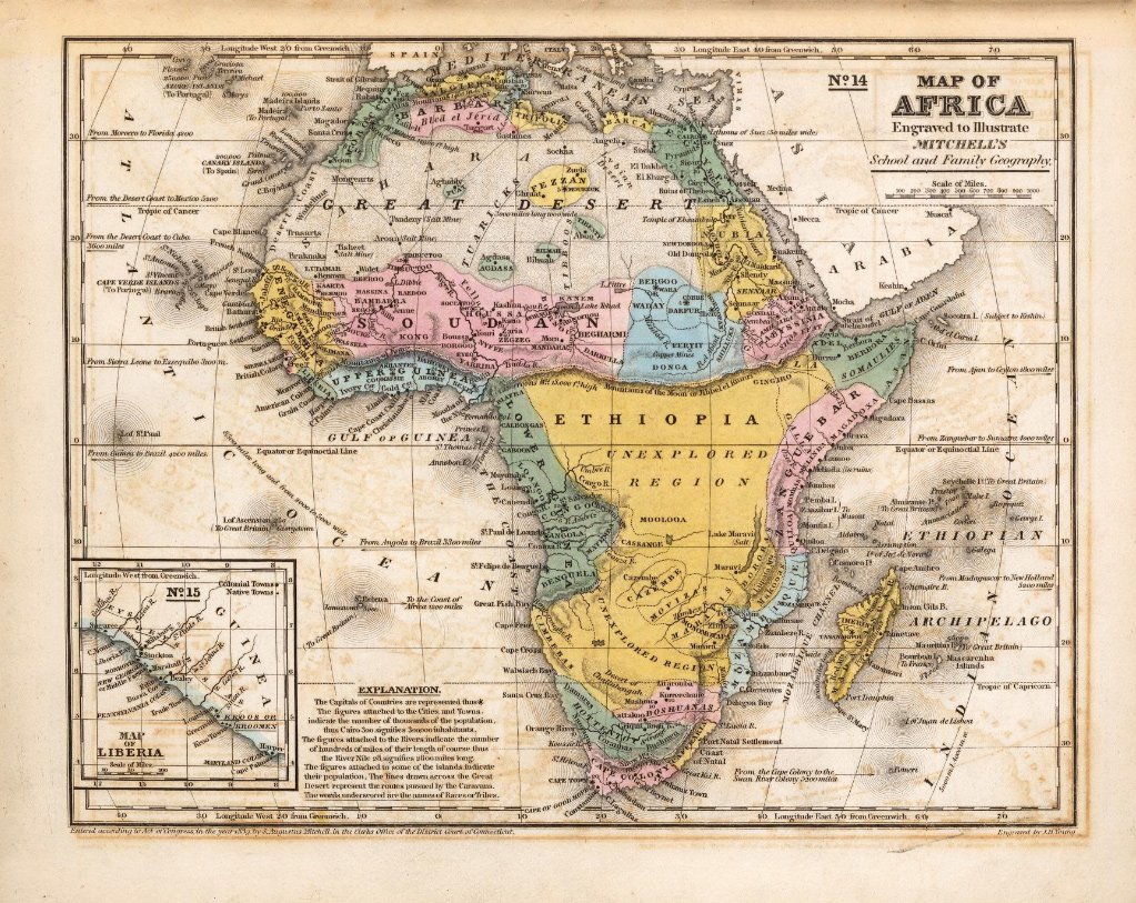 « Map of Africa » de Samuel Augustus Mitchell (Mitchell's School and Family Geography, No. 14, Philadelphia, Thomas, Cowperthwait & Co, 1839).