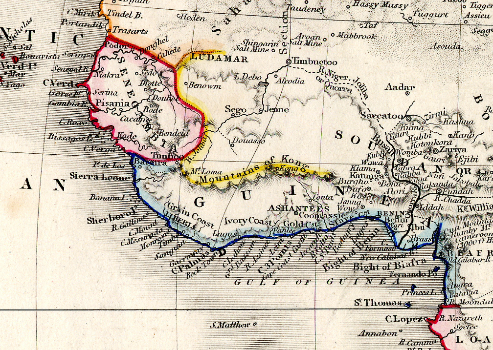 Détails montrant la Guinée et les régions environnantes (Thomas Milner, Milner's Descriptive Atlas, 1850).